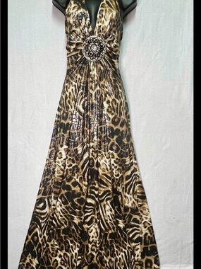 SOLD Y2K Leopard Print Halter Maxi Dress Rhinestone Medallion Mob Wife Glam S